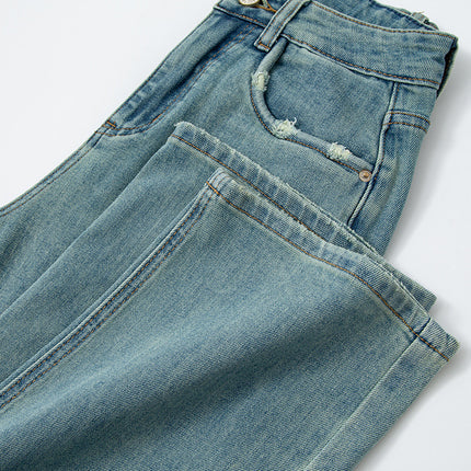Ripped Pockets Vintage Green High-Waisted Slim Wide-Leg Pants Women 2026 Spring Casual Breathable Slimming Straight-Leg Jeans