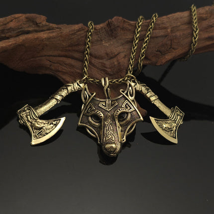 Cross-border explosions retro Norwegian style Nordic Viking Celtic wolf head double axe pendant necklace jewelry wholesale