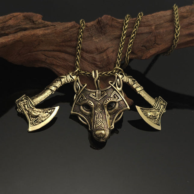 Cross-border explosions retro Norwegian style Nordic Viking Celtic wolf head double axe pendant necklace jewelry wholesale