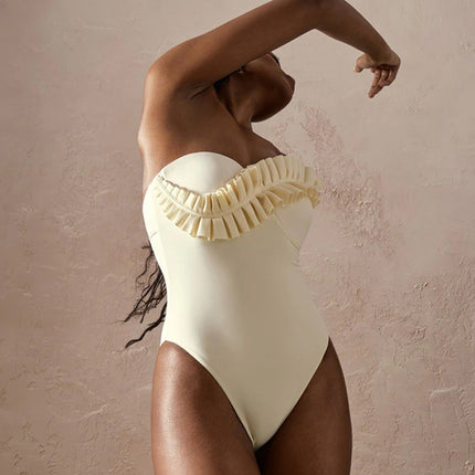2025 European and American New Style One-Piece Swimsuit with Ruffles and Pleats, One-Shoulder One-Piece Swimsuit, Popular Huludao Swimwear