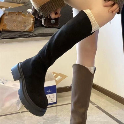 Women's Long Boots with Wide Shaft, Slim Boots, Autumn and Winter New British Style Thick-Soled Heightening Elastic Boots