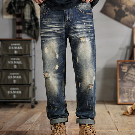 Plus-Size Men's American-Style Ripped Jeans with a Unique Personality, Oversized Loose Wide-Leg Trendy Pants for Big Guys