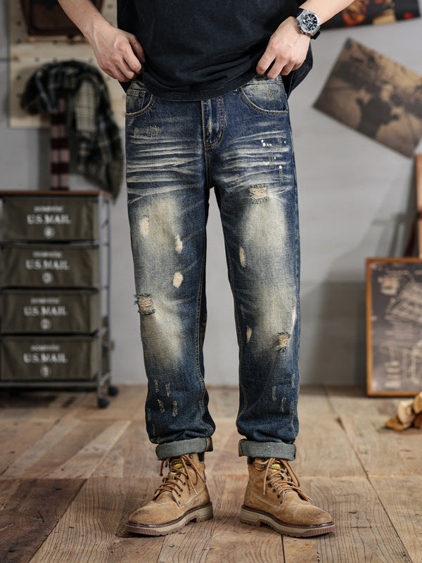 Plus-Size Men's American-Style Ripped Jeans with a Unique Personality, Oversized Loose Wide-Leg Trendy Pants for Big Guys