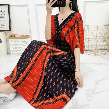 Cross-border ethnic style V-neck cotton silk short-sleeved beach skirt Thailand travel dress summer printed holiday floral skirt