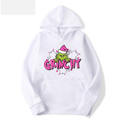 2024 Cross-border Autumn Simple pink Letter Font Printing Men's and Women's Hooded Christmas Green Hair Monster