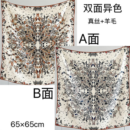 [Silk Wool 65 Square Scarf] Collection of Versatile Autumn and Winter Mulberry Silk Wool Scarves and Shawls, Double-Sided
