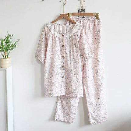 Summer Cotton Short-sleeved Shorts Double-layer Yarn Crewneck Lic Collar Women's Pajamas Home Wear Soft and Sweet Outer Wear