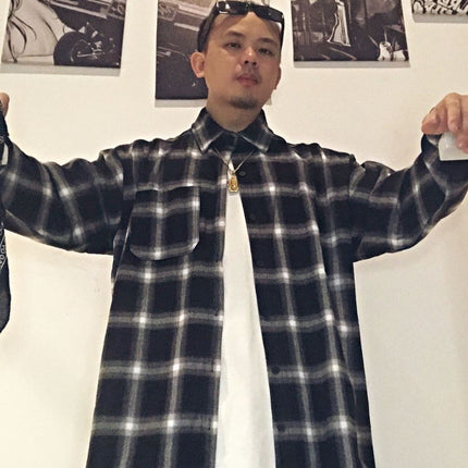 American-style chicano chicano classic plaid brushed woven thick version button-breasted loose retro long sleeve shirt for men