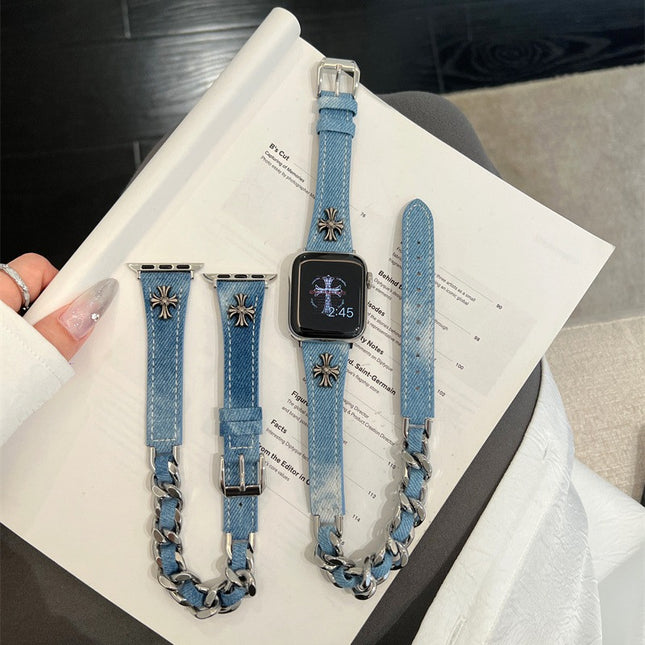 Denim Crocore Double Ring Genuine Leather Thin Strap for Apple Watch iwatchS987654SE Women Ultra
