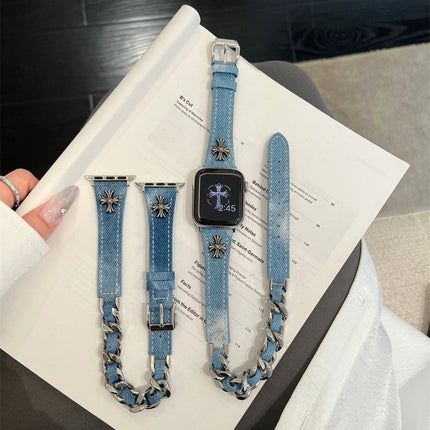 Denim Crocore Double Ring Genuine Leather Thin Strap for Apple Watch iwatchS987654SE Women Ultra