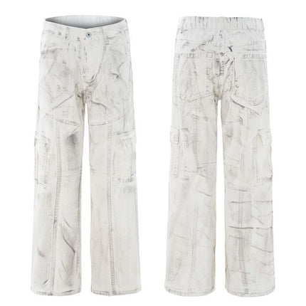 Jiamu Patchwork Dirty American High Street Baggy White Loose Wide-Leg Casual Pants Unisex Straight-Leg Flared Pants