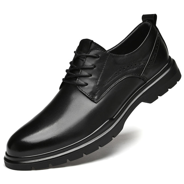 Summer Men's Business Leather Shoes Men's Head Layer Cowhide Black Casual British Inner Height Increase Lace Round Head Cowhide Dress