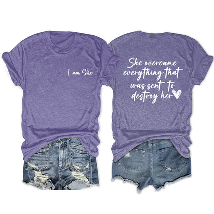 Amazon double-sided printed summer round neck short sleeve she overcame everthing loose all-match T-shirt