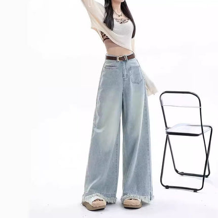 Wide Leg Jeans Women's Summer High Waist Slimming Loose Burr Edge Design Sense Dipped Pear-Shaped Figure Small Straight Pants