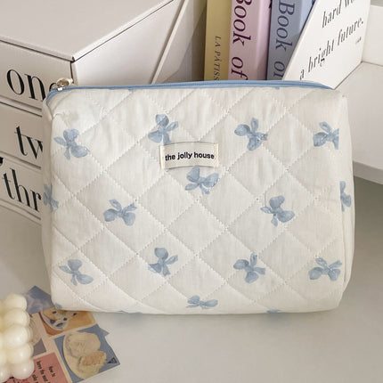 Blue Powder Satin Bow Makeup Bag Student Fresh Style Portable Large Capacity Toiletry Bag Quilted Sundries Storage Bag