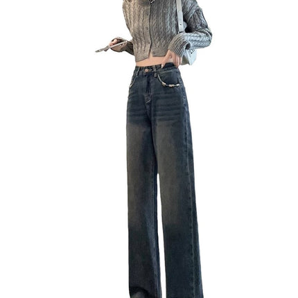 Vintage Blue Wide Leg Jeans Women's Trendy All-match New High Waist Slimming Old Style Design Sense Wear-out Straight Pants