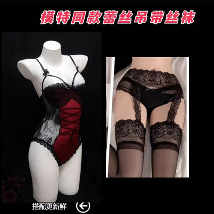 Sexy one-piece red one-piece lace stitching open-end free one-piece delivery