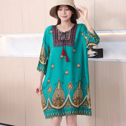 Extra Large Size Ethnic Style Round Neck Three-Quarter Sleeve Dress Loose Embroidered Flower Cotton Silk Travel Beach Skirt for Women