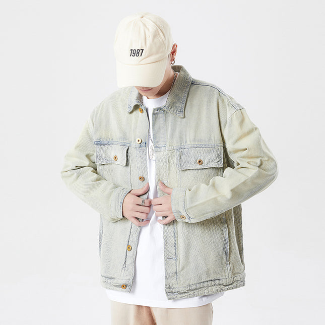 Men's Denim Jacket Casual Versatile Trendy Brand European and American Street Loose Clothing Retro Style Personalized Jacket Men's Light Color