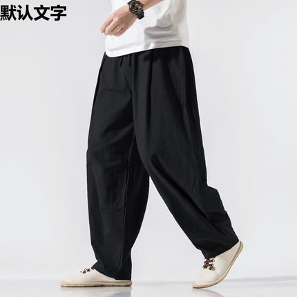 Pendant Wide-leg Pants Men's Loose Straight Linen Pants Chinese Style Spring and Summer Linen Bloomers for Fatty Men Cotton and Linen Casual Pants