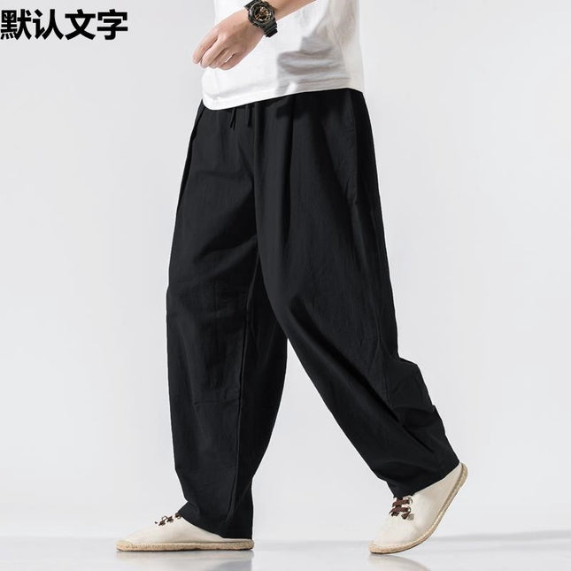 Pendant Wide-leg Pants Men's Loose Straight Linen Pants Chinese Style Spring and Summer Linen Bloomers for Fatty Men Cotton and Linen Casual Pants