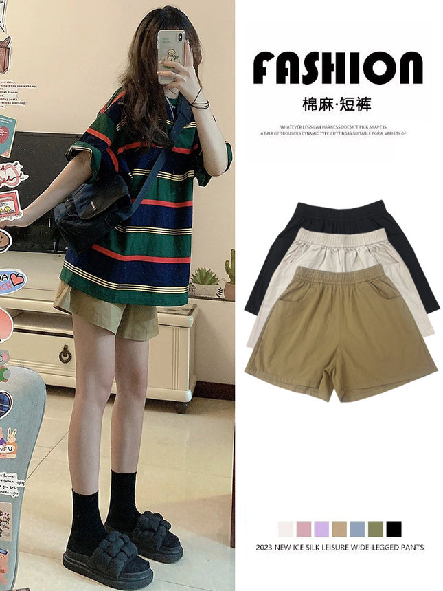 khaki Sports Shorts Women's Summer 2023 High Waist Wide Leg Slimming Loose Casual Short Sports Three-point Pants