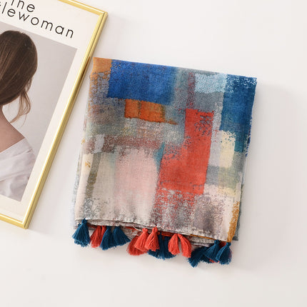 Spring and summer new color mosaic printing long tassel decorative cotton and linen hand scarf travel sunscreen beach towel