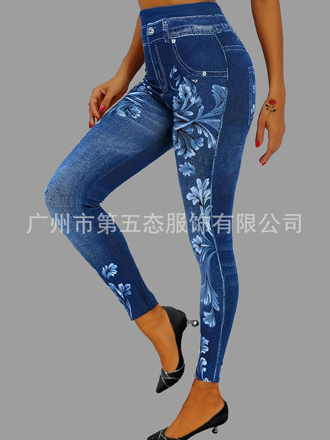 Casual Imitation Denim Printed Leggings