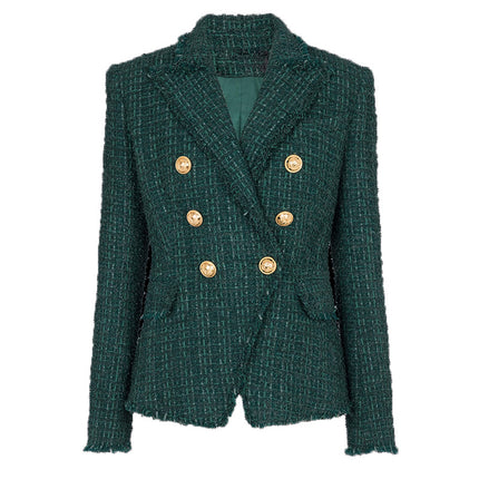 In Stock 2026 Autumn and Winter New European and American High-End Fabric Fringed Tweed Slim-Fit Blazer Dark Green