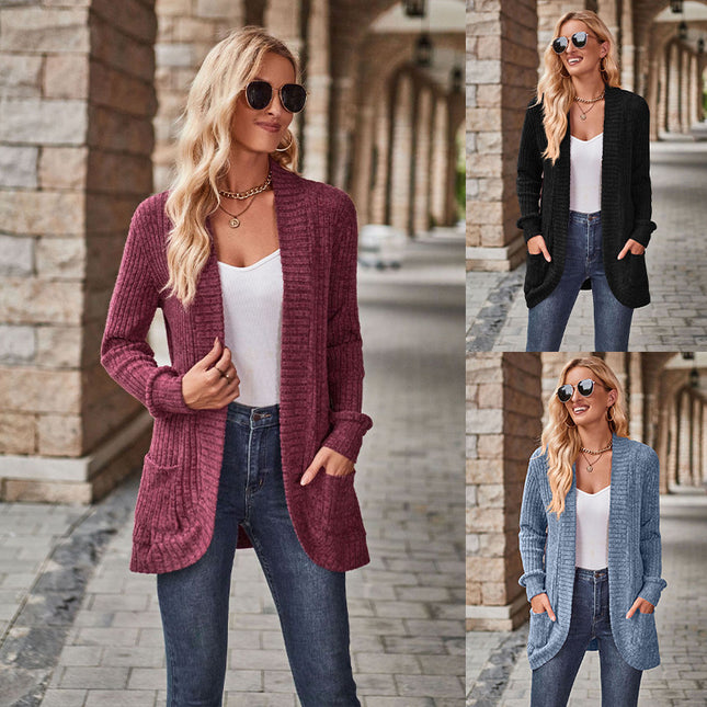 Long-Sleeve Cardigan Jacket Amazon 2026 Spring and Autumn New Solid Color Ribbed Brushed Fabric Patchwork Long-Sleeve Jacket Wholesale