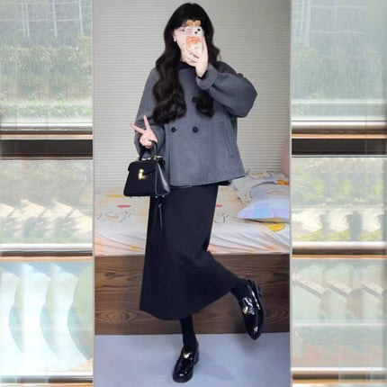 plus size chubby girl autumn and winter women's French Hepburn wind woolen cloth coat knitted sweater dress two-piece suit 200kg
