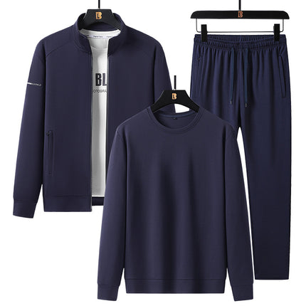 Spring and Autumn New Tencel Roman Men's Cardigan Stand Collar Sports Suit Youth Casual Warm Three-Piece Sports Suit