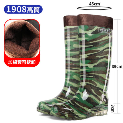 Double-Layer Black Mid-High Rain Boots with Labor Protection, Cow Tendon Sole, Non-Slip Rubber Shoes for Rainy Days, Outdoor Work Shoes for Men, Water Shoes