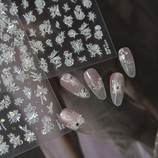 Crystal Diamond White Lily Rose Butterfly Nail Art Sticker Embossed 3D New Ins 5D Flower Nail Sticker Decoration