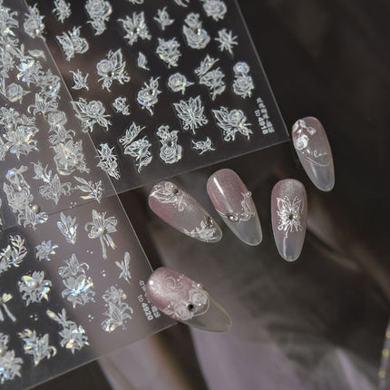 Crystal Diamond White Lily Rose Butterfly Nail Art Sticker Embossed 3D New Ins 5D Flower Nail Sticker Decoration