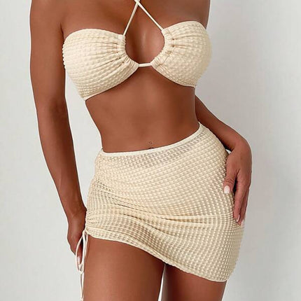 2025 New Bikini Cross-Border European and American Foreign Trade Drawstring Backless Three-Piece Sexy Bikini Swimsuit Swimwear for Women