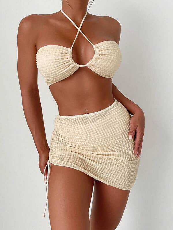 2025 New Bikini Cross-Border European and American Foreign Trade Drawstring Backless Three-Piece Sexy Bikini Swimsuit Swimwear for Women
