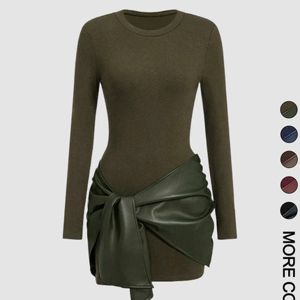 2025 European and American Amazon Women's Pure Color Long-Sleeved Mini Dress + Front Lace-Up Pu Decoration