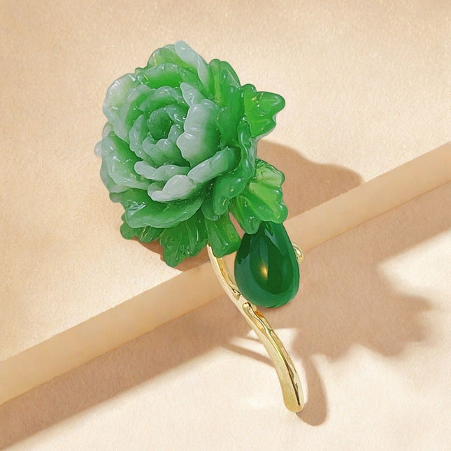 European and American Cross-Border Supply Green Peony Flower High-End Elegant Corsage New Chinese Style Anti-Exposure Clothing Fixing Pin for Women