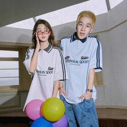 Summer two bars lapel POLO shirt men's and women's fashion brand American retro letters couple Paul shirt striped stitching fashion