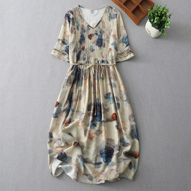 High-end V-neck Cotton Short-sleeved dress 2025 Summer New Loose French Organ Pleated Print Midi Dress