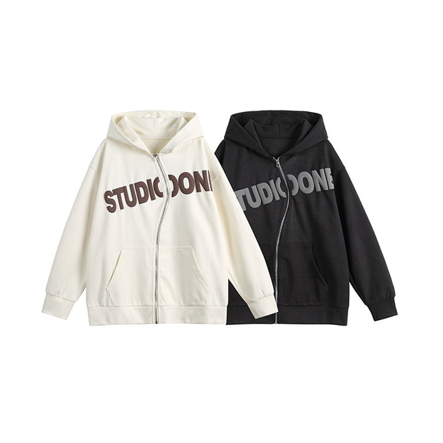 City Essentials 2024 Spring New Creative Zipper Hooded Letter Print Sweatshirt Loose Fit