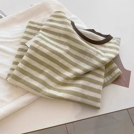 White Fruit Green Stripesd Short-Sleeved Tee! Summer Cool Lazy Style Versatile Contrasting Color Round Neck Casual Top T-Shirt for Women