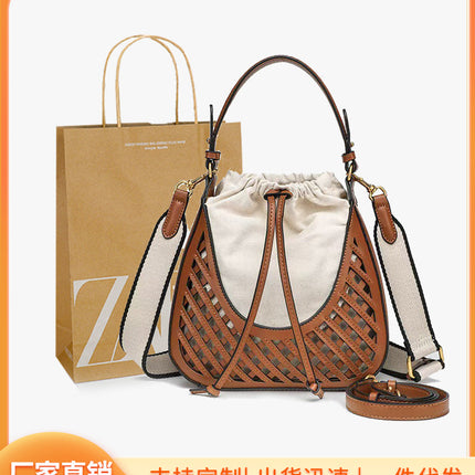 Z Brand Women's Bag 2025 Dark Brown Woven Hollow-Out Bucket Bag Single Shoulder Crossbody Bag European and American Retro Style