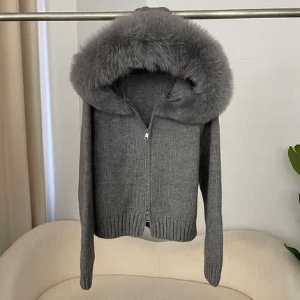 Spring 2025 Women's Gray Hooded Knit Cardigan Korean Style Loose Top