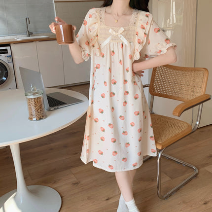 2024 Summer New Style Pajamas with Chest Pad Women's Bubble Cotton Short-Sleeved Nightgown Home Wear Sweet and Cute Outer Wear