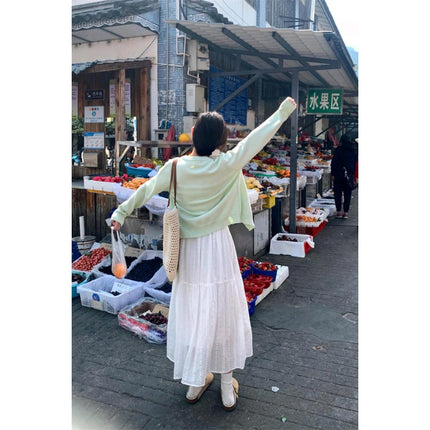 Fresh Honeydew Green Long-Sleeved Knitted Cardigan for Women 2025 Early Spring New Elegant Versatile Round Neck Top