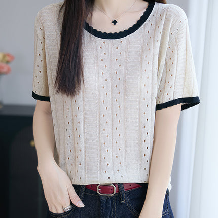 Ice Silk Knitwear Women's 2024 New Korean Style Summer Women's Casual Versatile Cut Out Thin Short-Sleeved T-Shirt Tops
