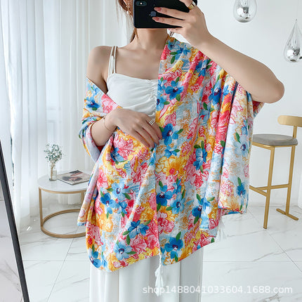 Ethnic Style Printed Silk Scarf Women's Seaside Travel Sun Protection Gauze Air Conditioning Warm Scarf Versatile Long Shawl