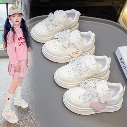Children's Sneakers 2025 New Spring Girls Leather Breathable sneaker Girls Guofeng Pearl All-match White Shoes